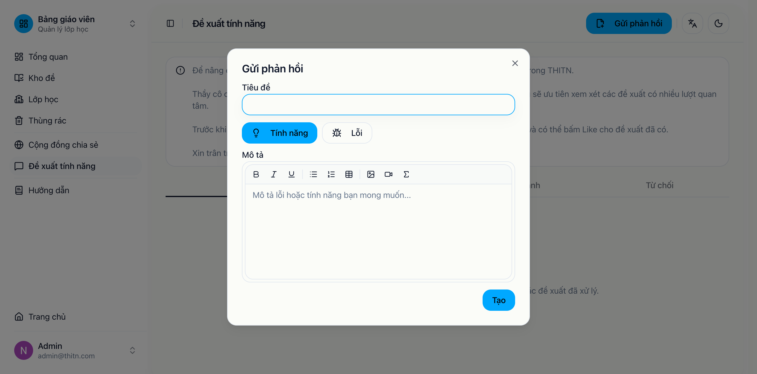 Hộp thoại gửi phản hồi