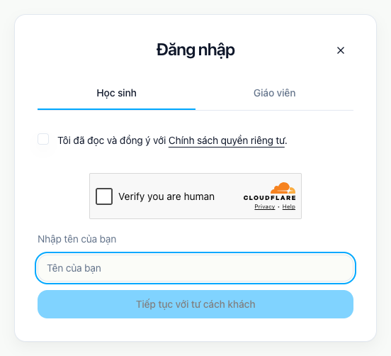Màn hình nhập tên khi vào với tư cách khách