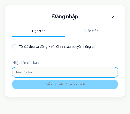 Màn hình đăng nhập với vai trò học sinh